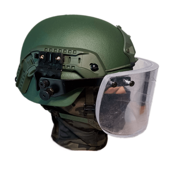 NIJ IIIA 可拆卸透明防弹面罩 - 弹道头盔安装效果，右视图